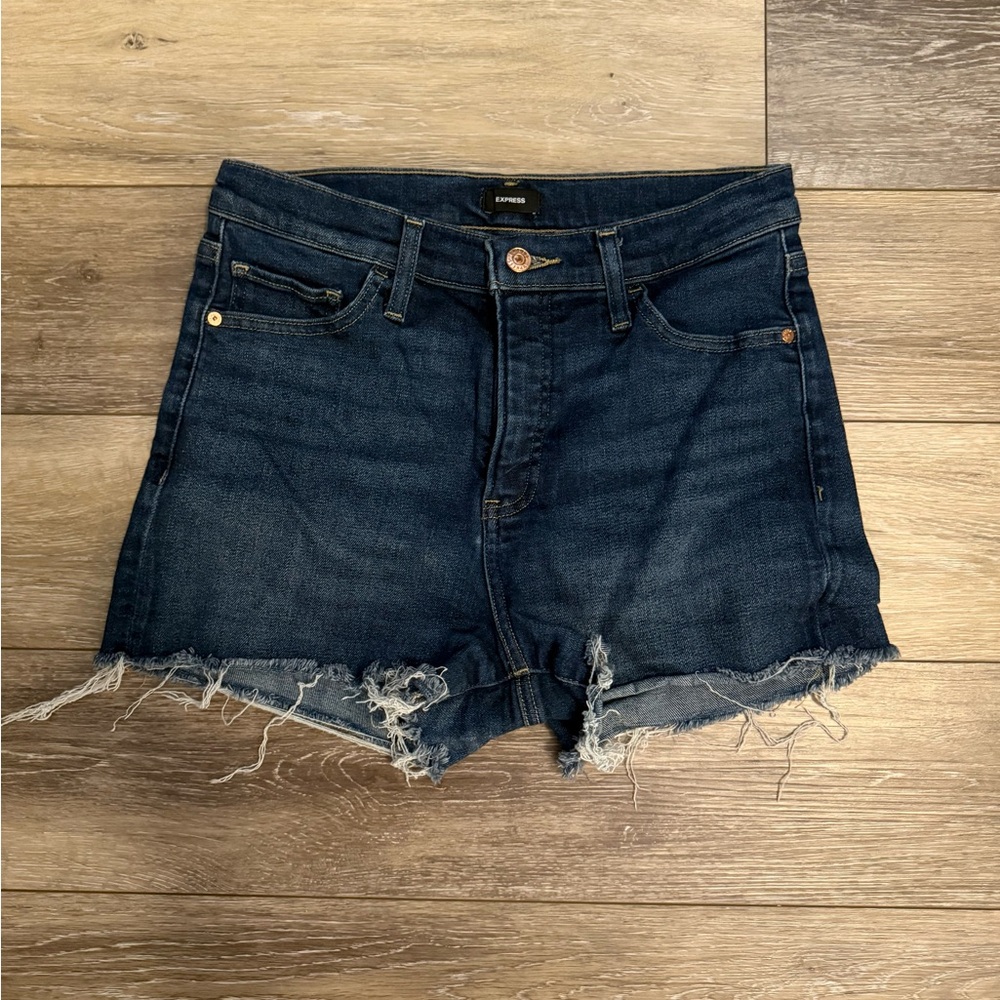 Express Dark Blue Frayed Hem Jean Shorts